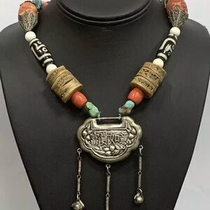 Vintage Estate 30" Himalayan Indo Tibetan Necklace Agate Turquoise Prayer Beads